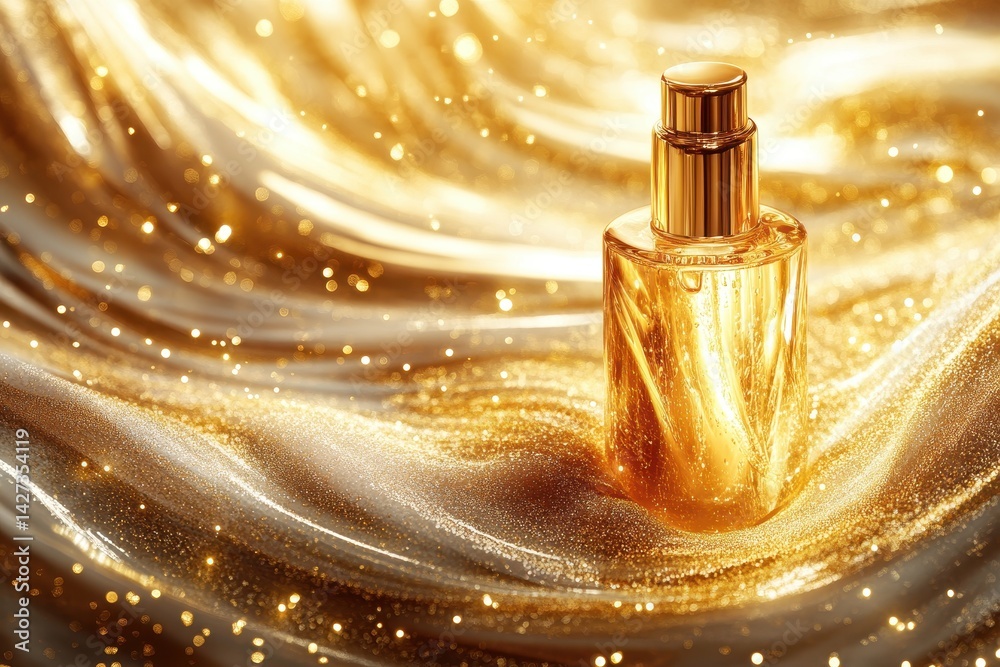 Aufkleber golden liquid captures the light in an elegant bottle resting on shimmering fabric in a luxurious se