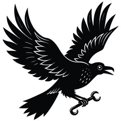 Black Raven in Flight Vector Illustration with Open Beak and Claw Holding Tool