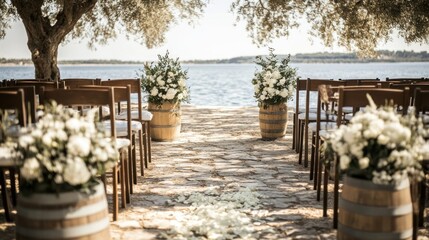 Outdoor wedding ceremony by the water.