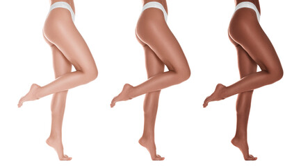 Women showing legs with smooth skin after epilation procedure on white background, closeup. Collage...