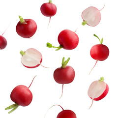 Fresh ripe radishes falling on white background