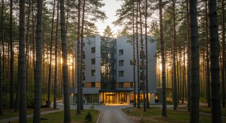 Modern multi-story building with glass facade in dense pine forest at sunset