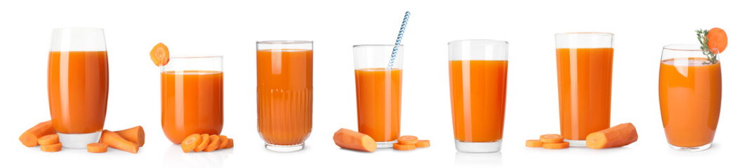 Tasty carrot juice on white background, set