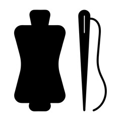 Silhouette illustration of a needle threaded and a spool of thread in black