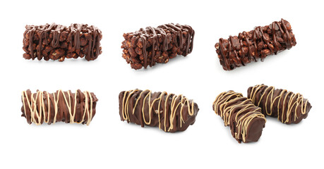 Delicious puffed rice bars with chocolate on white background, collage