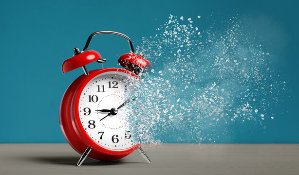 Alarm clock dissolving on wooden table against blue background, banner. Flow of time