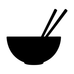 A simple depiction of an Asian bowl with chopsticks, a food icon