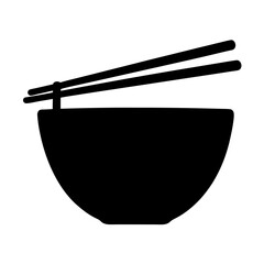 Monochrome illustration depicting a bowl of noodles with chopsticks on top