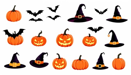 Fototapeta premium Spooky Halloween Gathering: An array of spooky Halloween icons arranged on a flat surface, including carved pumpkin with bats and wizard hats. Capturing the eerie vibes.