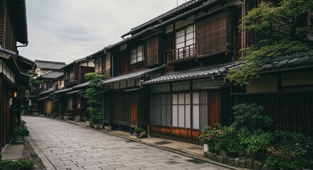 Narrow street with traditional Japanese buildings and stone pavement