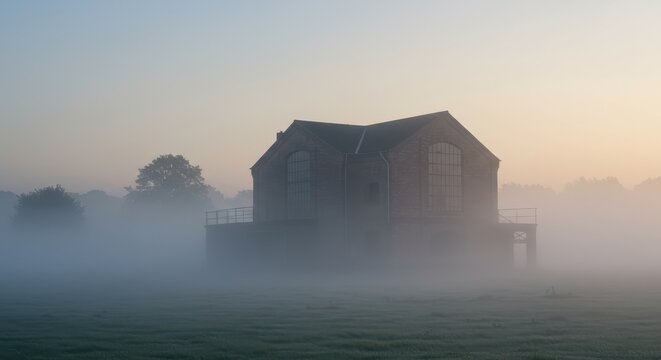 Mysterious foggy landscape with large two-story brick building at dawn or dusk