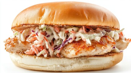 A close-up of a delicious chicken sandwich with a generous helping of coleslaw, stacked between a soft bun. Appetizing and fresh!