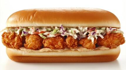 Crispy fried chicken bites piled high on a soft bun with creamy slaw and sauce. A delicious and satisfying sandwich