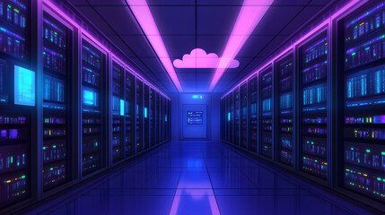 Illuminated server room with racks and cloud symbol in a dark and futuristic environment