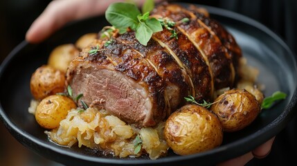 Roasted meat with golden skin, served with small potatoes and a savory side, presented on a dark dish. A delicious and hearty meal