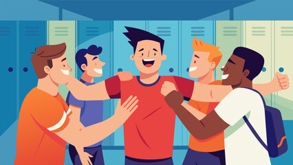 Obraz premium A locker room full of adrenaline and camaraderie as teammates congratulate each other after a successful dual.. Vector illustration