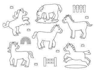 いろいろな動きをする可愛い馬のイラストのセット　線画バージョン