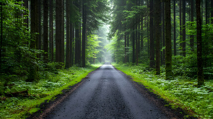 Fototapeta premium Forest Path Through Lush Green Trees With Sunlight
