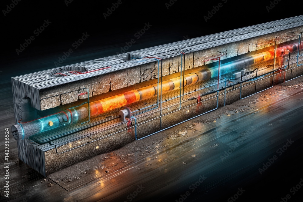 Poster cross-section view of an underground fuel system displaying pipes and connections in a detailed arti