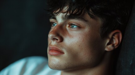 Intense gaze of a young man with textured skin, bathed in dramatic, moody lighting. A captivating portrait with a thoughtful expression