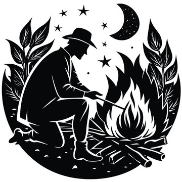 recommend clip art: Campfire Silhouette Illustration: Man Roasting Marshmallow Under Starry Night Sky, Vector Art, Outdoor Adventure, Camping Graphic
