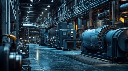 Dark Steel Industrial Factory Interior with Machinery