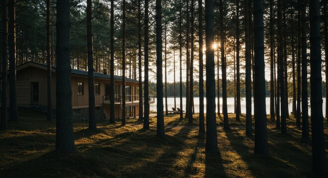 Two rustic wooden cabins in a serene forested area with a lake in the background