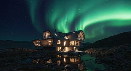 Modern house with glass windows in rugged mountains under Northern Lights