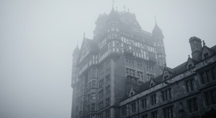 Obraz premium Large, ornate multi-story building shrouded in dense fog with intricate stone and brickwork