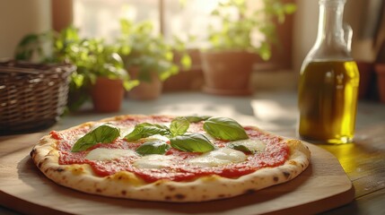 Fresh Margherita pizza with basil sits on a wooden board, bathed in warm sunlight near potted plants and olive oil. Rustic and inviting