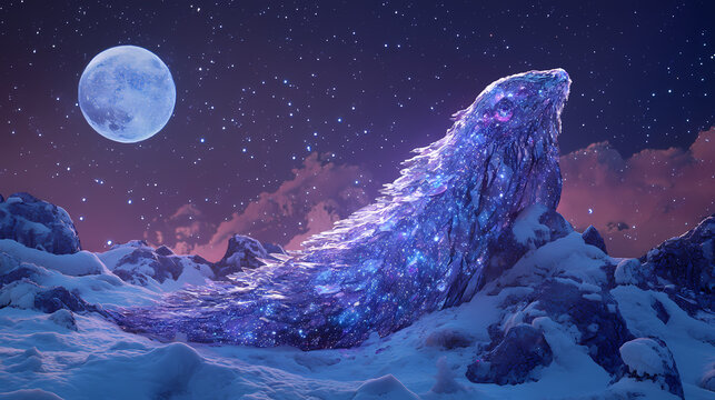 Coniglio in una notte di inverno su una montagna coperta di neve con la luna piena ed il cielo stellato. Bioelectric Bud. Illustration