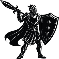 Obraz premium Knight in Shining Armor Vector Illustration: Medieval Warrior with Spear and Shield, Black and White Graphic Art Image