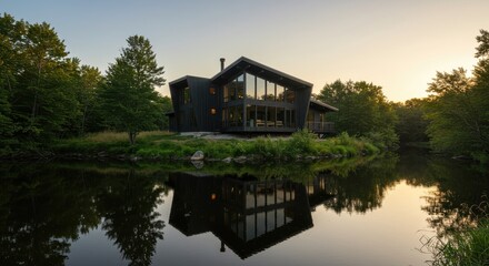 Modern two-story house with dark exterior and angular roof by tranquil pond