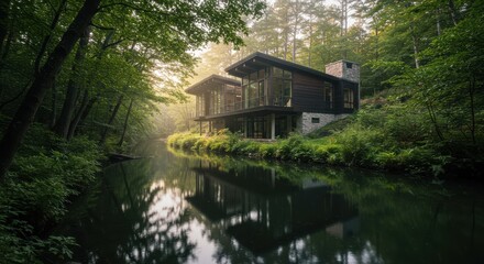 Modern house with glass windows and stone foundation in a forested area with a pond
