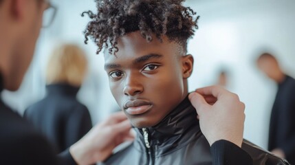 Young model receives final adjustments before runway show in a bustling fashion studio in the early afternoon