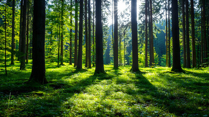 Obraz premium Sunlit Forest Path With Tall Trees