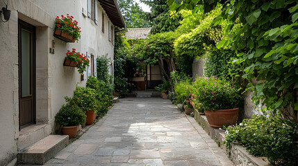 Charming Stone Alleyway With Lush Plants In A European Town