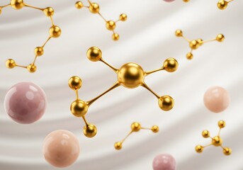 Obraz premium Abstract Gold Molecules and Pink Spheres, Science Concept, Chemistry, Atoms, Molecular Structure.