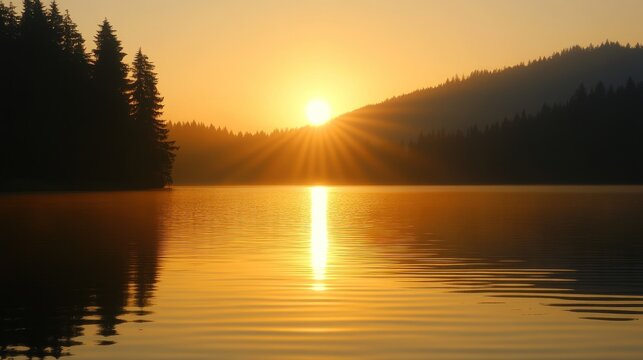 Golden sunrise over a serene lake and forest. - Powered by Adobe