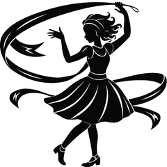 Obraz premium Silhouette of a Rhythmic Gymnast with Ribbon, Artistic Gymnastics Illustration, Sport, Dance, Black and White Vector Image