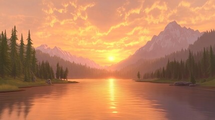 Fototapeta premium A tranquil mountain lake at sunset.