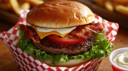 Juicy cheeseburger with bacon, tomato, and lettuce served in a red and white checkered basket with dipping sauce. A classic comfort food shot