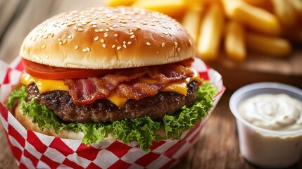 Juicy cheeseburger with bacon, lettuce, and tomato served with golden fries and dipping sauce. A classic comfort food indulgence