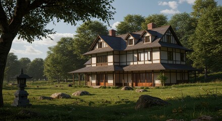 Traditional two-story house with wrap-around porch in lush green landscape