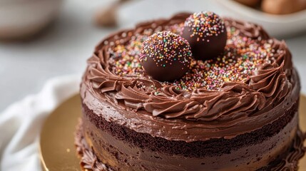 Rich chocolate cake with swirled frosting and colorful sprinkle-covered chocolate spheres on top. A delightful dessert presentation