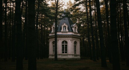 Fototapeta premium Small ornate building in dense forest with steeply pitched roof and dormer windows