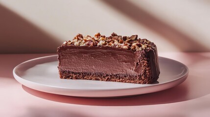 Rich chocolate cake slice with chopped nuts, presented on a pale pink plate with soft, dramatic lighting. A decadent dessert