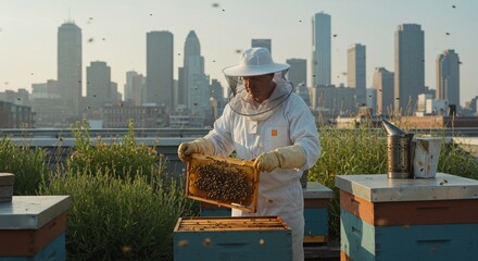 A calm, middle-aged male urban beekeeper tending to beehives on a modern rooftop garden surrounded by skyscrapers. Wearing a full white beekeeping suit with mesh veil, carefully inspecting honeycombs.