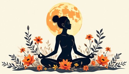 Celestial Harmony: A serene silhouette of a woman in a meditative pose against a radiant moon, framed by an enchanting array of blossoming plants and flowers, symbolizing inner peace and tranquility.