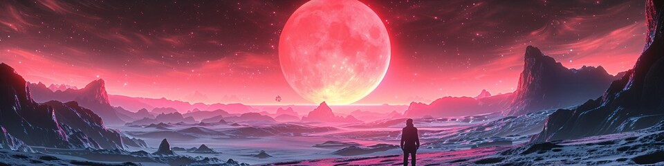 Obraz premium Lone explorer gazing at red moon on alien planet. Cosmic landscape with rocky terrain and starry sky. Science fiction concept for book cover or game background. Space adventure artwork.